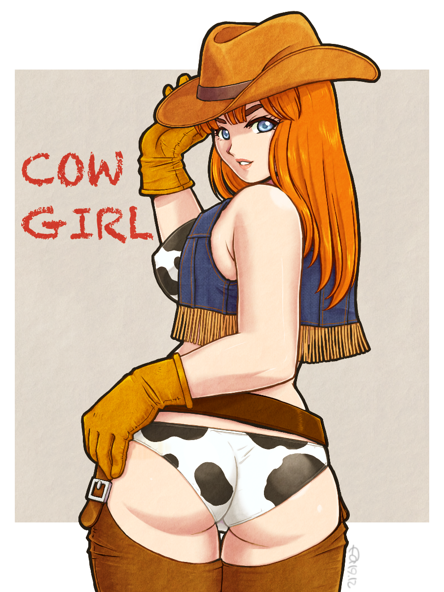 1girl, animal_print, ass, belt, blue_eyes, breasts, brown_belt, brown_gloves, brown_legwear, covered_nipples, cow_print, cowboy_hat, cropped_jacket, denim, denim_jacket, f_a, from_behind, gloves, hand_on_hip, hat, highres, large_breasts, long_hair, looking_at_viewer, marvel_frozen, orange_hair, parted_lips, seisenshi_dunbine, solo, western