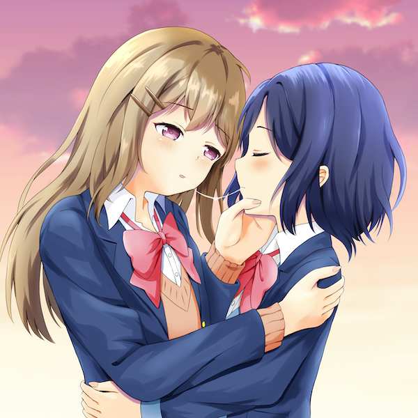 2girls, adachi_sakura, adachi_to_shimamura, after_kiss, blazer, blush, bow, closed_eyes, clouds, commentary, evening, hair_ornament, hairclip, hug, jacket, light_brown_hair, long_hair, looking_at_another, multiple_girls, outdoors, saliva, saliva_trail, school_uniform, shimamura_hougetsu, short_hair, sky, triangle_(zztg3775), upper_body, violet_eyes, yuri