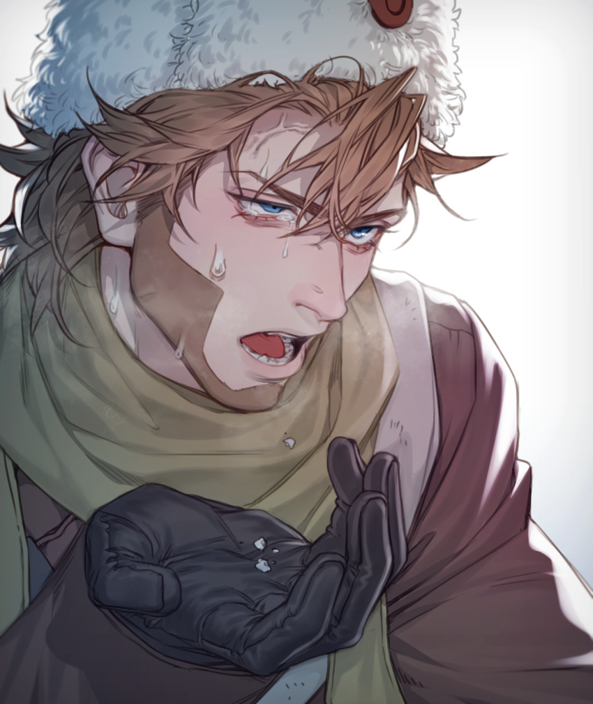 1boy, bangs, beard, black_gloves, blue_eyes, brown_coat, brown_hair, cang_fade