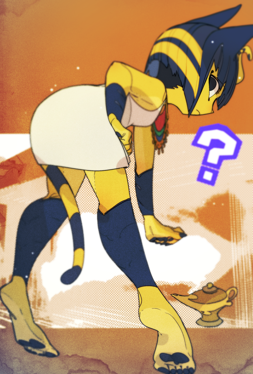 1girl, ?, animal_crossing, animal_ears, ankha_(animal_crossing), barefoot, bent_over, black_eyes