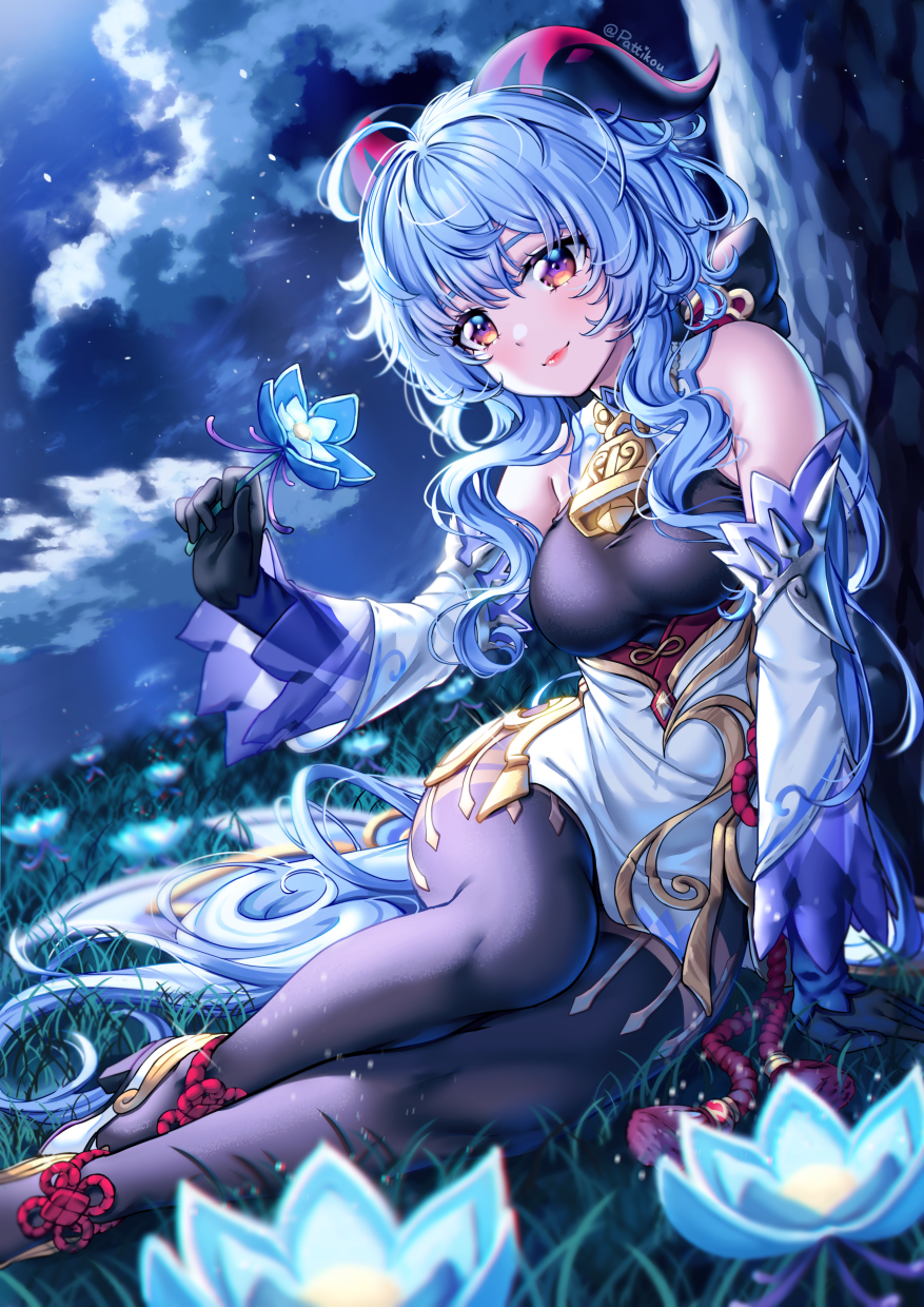1girl, ahoge, armor, ass, bangs, bare_shoulders, bell, black_bodysuit, black_legwear, blue_hair, bodysuit, bow, breasts, commentary, detached_sleeves, english_commentary, flower, ganyu_(genshin_impact), genshin_impact, highres, holding, horns, indoors, long_hair, looking_at_viewer, low_ponytail, medium_breasts, night, pantyhose, pattiko, scenery, shoes, sitting, smile, solo, thighs, tree, violet_eyes
