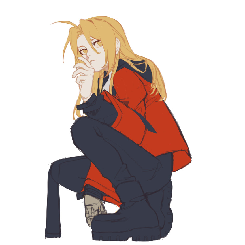 1boy, absurdres, ahoge, bangs, blonde_hair, boots, cbow, closed_mouth, coat, edward_elric, fullmetal_alchemist, hand_up, highres, long_hair, looking_at_viewer, male_focus, mechanical_arm, parted_bangs, prosthesis, prosthetic_arm, red_coat, shirt, simple_background, solo, white_background, yellow_eyes