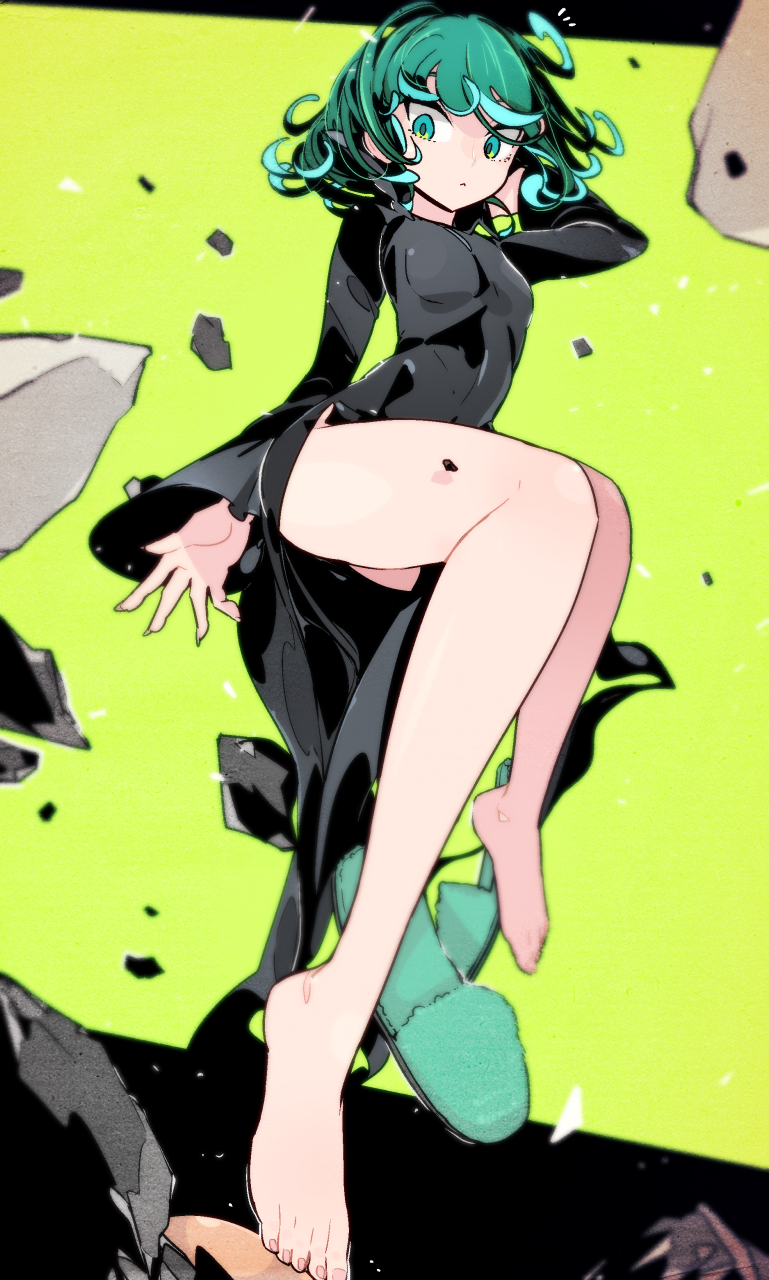 1girl, bare_legs, barefoot, black_dress, breasts, closed_mouth, curly_hair, dress