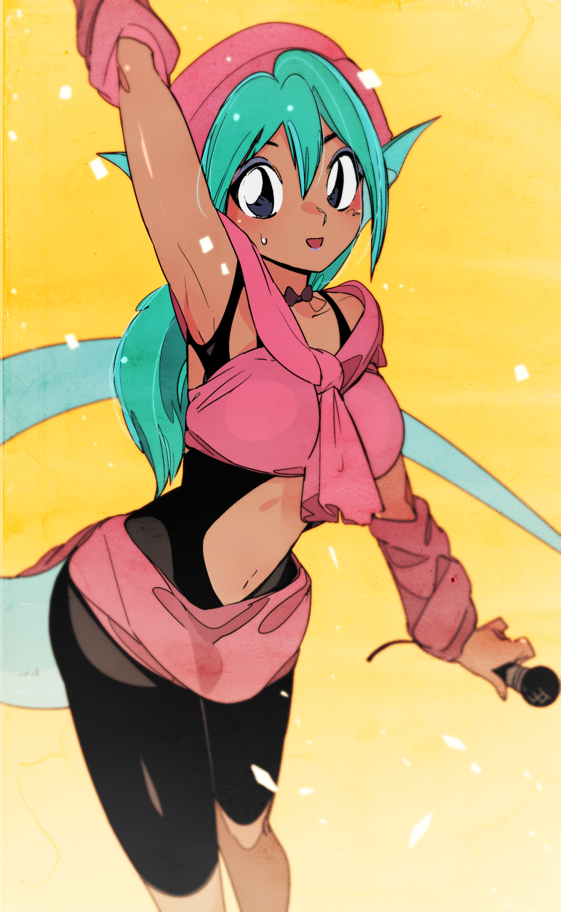 1girl, aqua_hair, arm_up, arm_warmers, armpits, black_bodysuit, black_eyes, blue_lipstick