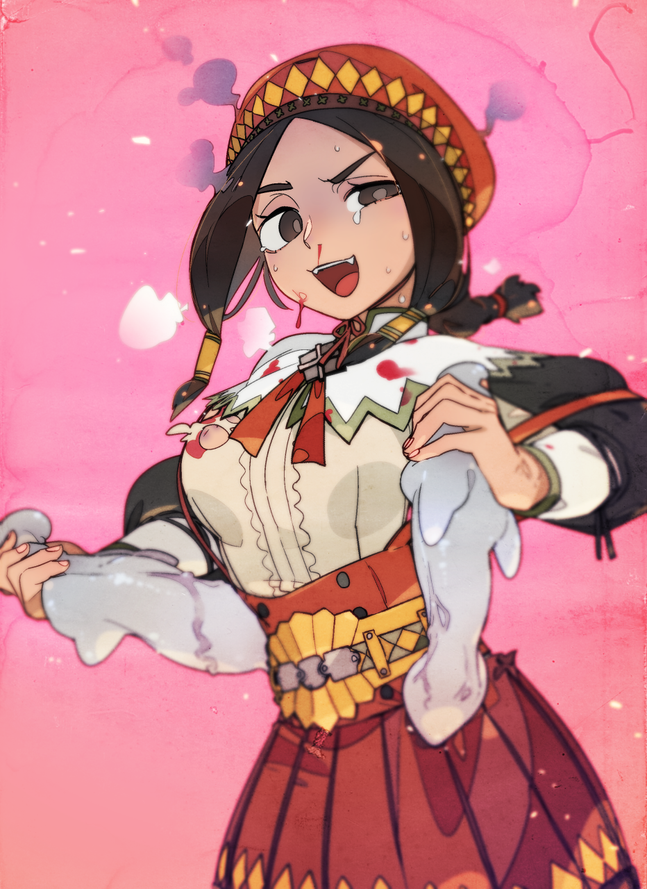 1girl, :d, blood, brown_eyes, brown_hair, cowboy_shot, giggi, guild_sweetheart