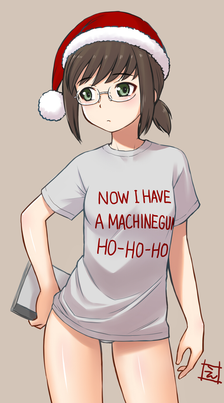 1girl, alternate_costume, bangs, bespectacled, breasts, christmas, clothes_writing, die_hard, ebifly, eyebrows_visible_through_hair, fubuki_(kantai_collection), glasses, green_eyes, hat, highres, holding, kantai_collection, low_ponytail, panties, ponytail, santa_hat, shirt, short_ponytail, short_sleeves, signature, simple_background, small_breasts, solo, t-shirt, underwear, white_panties, white_shirt