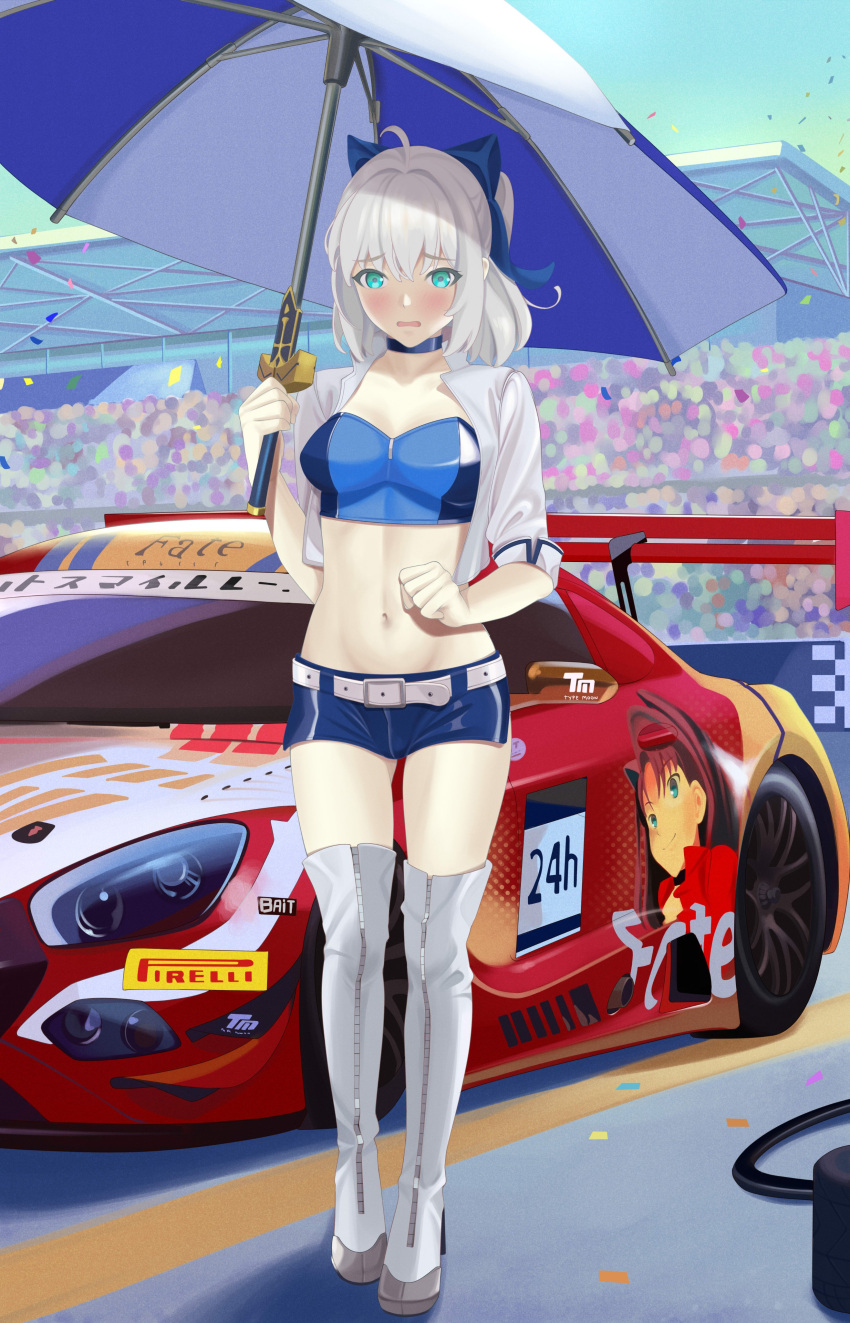 absurdres, ahoge, bangs, belly, blue_ribbon, boots, breasts, car
