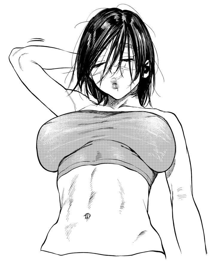 1girl, abs, arm_up, bangs, bare_shoulders, breasts, closed_eyes, closed_mouth