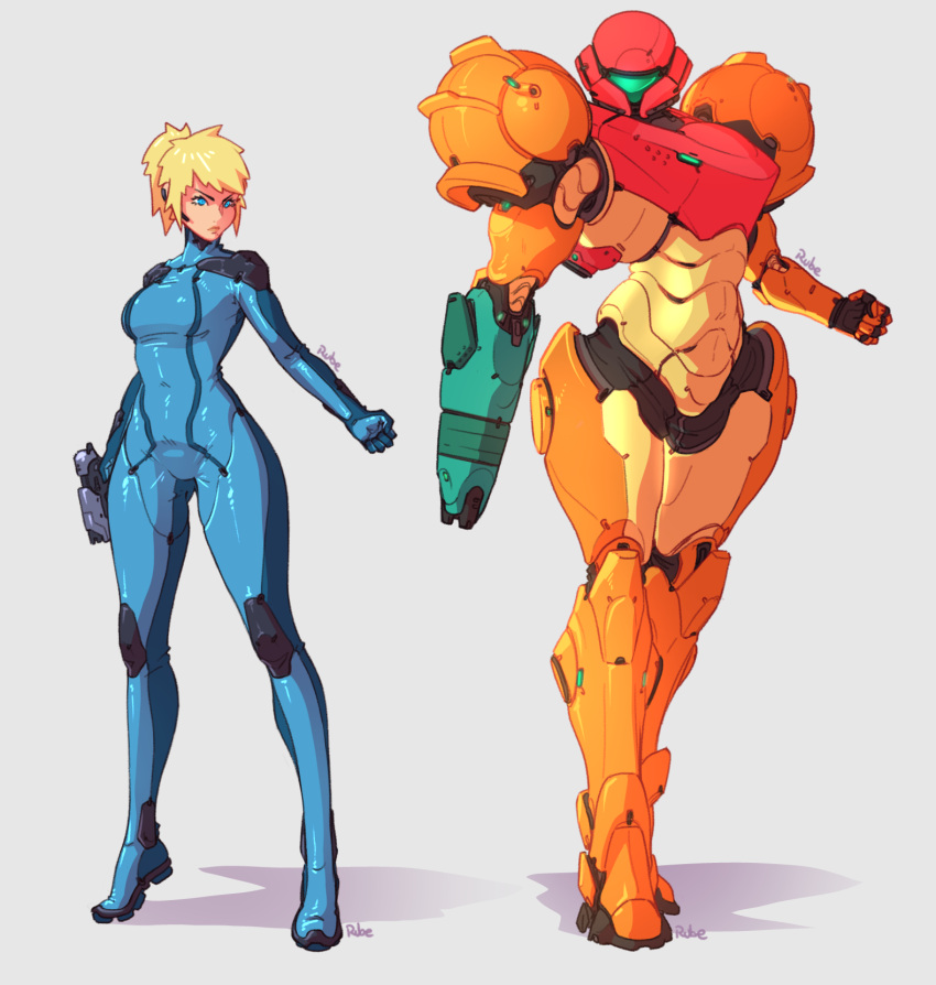 1girl, adapted_costume, arm_cannon, armor, blue_bodysuit, blue_eyes, bodysuit, breasts