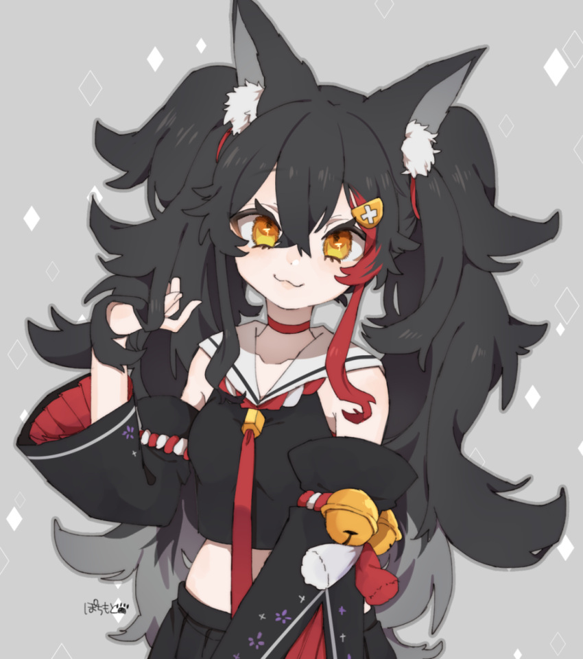 1girl, :3, alternate_hairstyle, animal_ear_fluff, animal_ears, bell, black_hair, black_shirt
