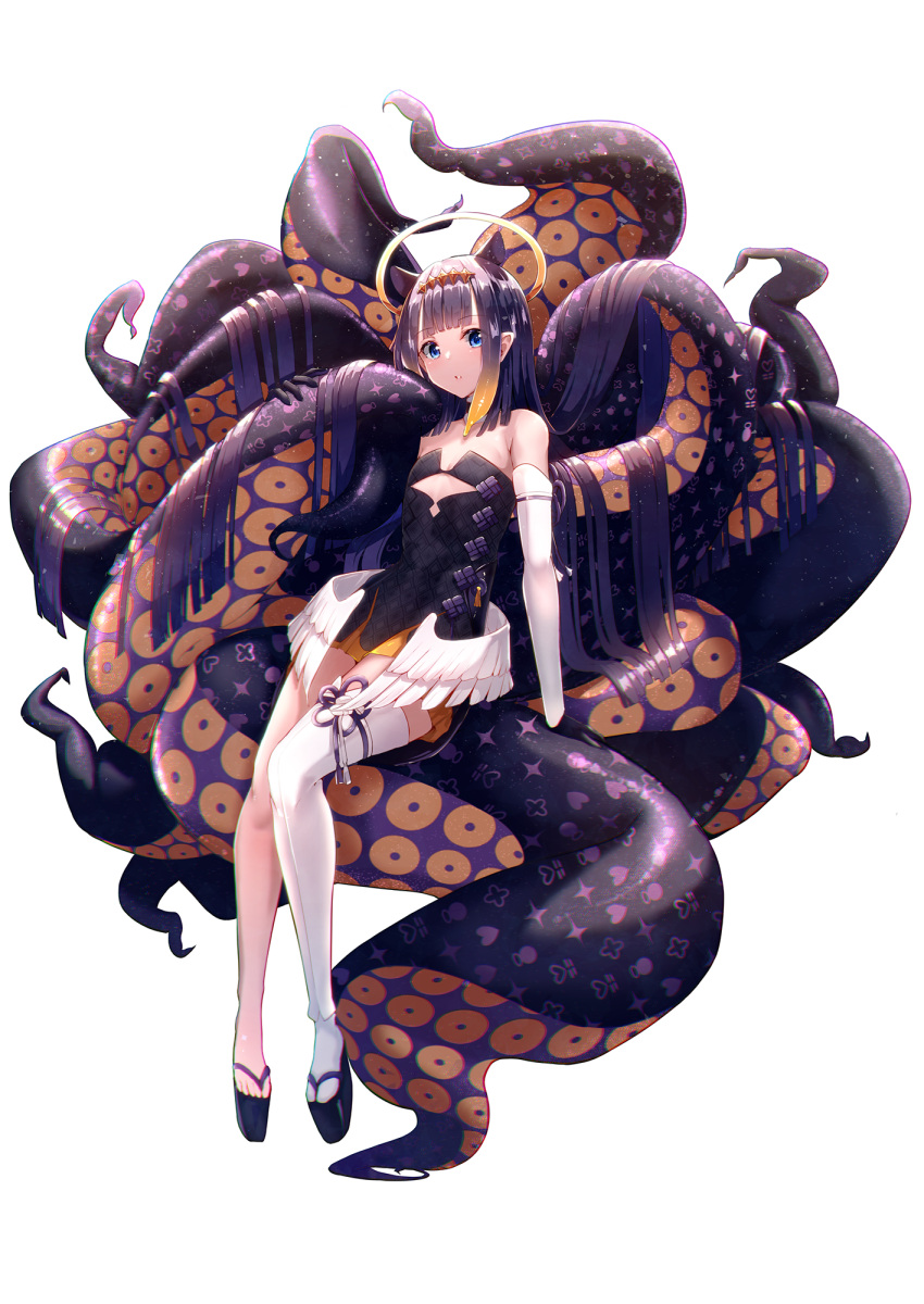 1girl, arm_support, bangs, black_footwear, black_gloves, blue_eyes, blunt_bangs, blush