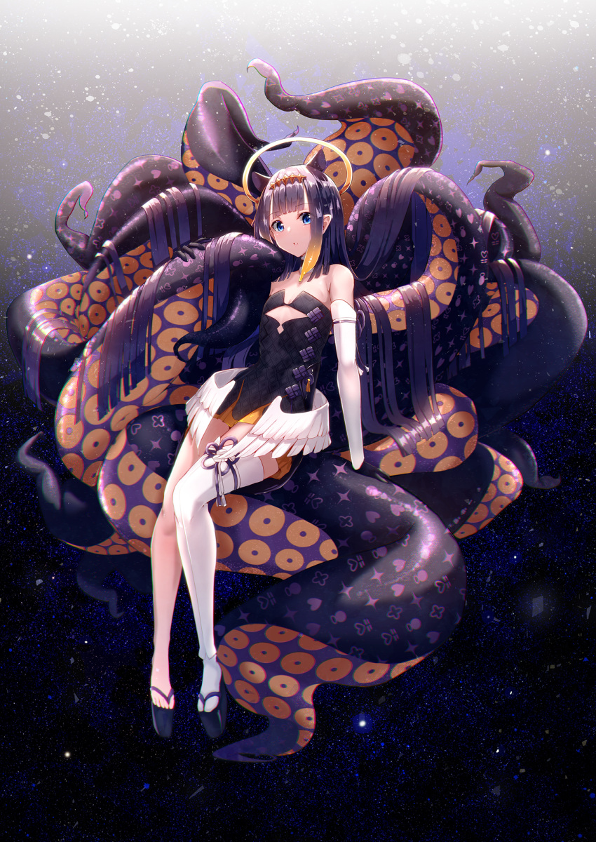 1girl, arm_support, bangs, black_footwear, black_gloves, blue_eyes, blunt_bangs, blush
