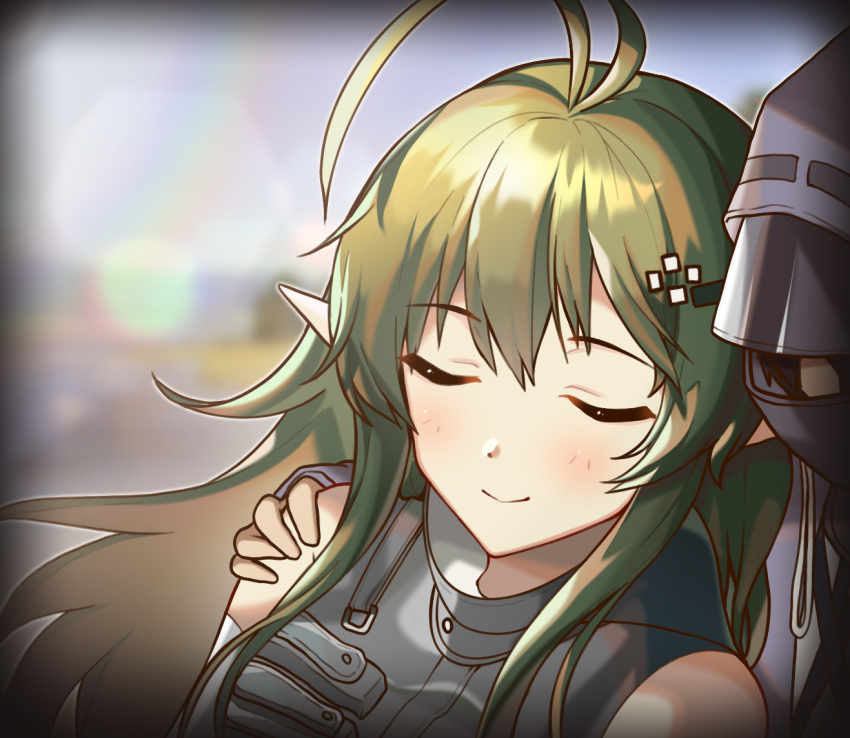 1girl, 1other, ahoge, arknights, close-up, closed_eyes, commentary_request, cuddling