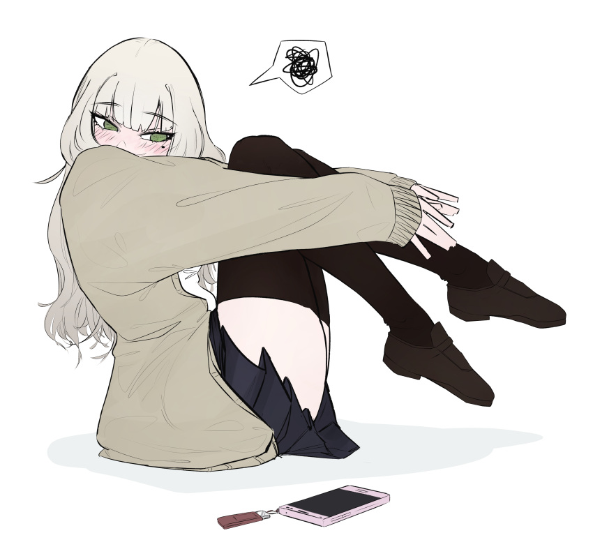 1girl, absurdres, bangs, black_legwear, blush, cellphone, eyebrows_visible_through_hair, green_eyes