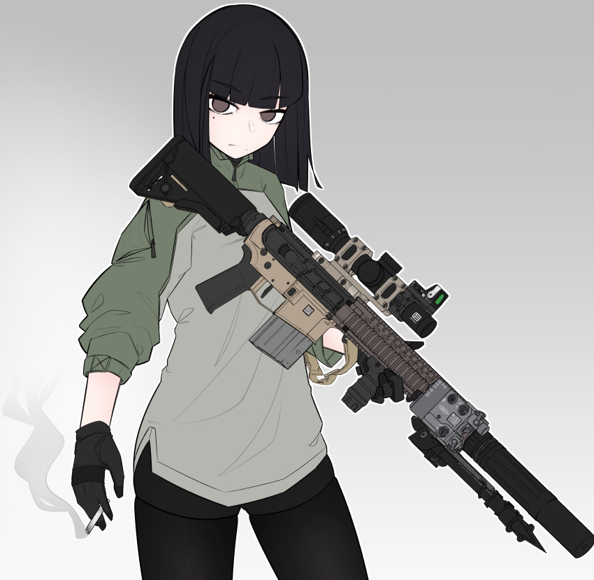 1girl, absurdres, assault_rifle, bangs, black_gloves, black_hair, black_legwear, blunt_bangs