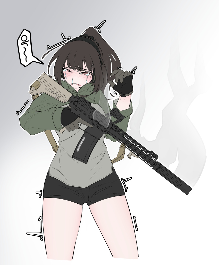 1girl, absurdres, assault_rifle, black_hair, blush, brown_eyes, crying, crying_with_eyes_open