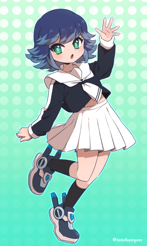 1girl, aqua_eyes, arm_up, black_legwear, blue_hair, himekawa_fubuki, light_blue_hair, long_sleeves