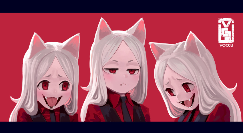 3girls, absurdres, animal_ears, artist_logo, black_neckwear, black_vest, cerberus_(helltaker), closed_mouth, commentary, demon_girl, dog_ears, dog_girl, english_commentary, fangs, frown, half-closed_eyes, helltaker, highres, laughing_wolves, letterboxed, long_hair, looking_at_another, meme, multiple_girls, necktie, open_mouth, red_background, red_eyes, red_shirt, shirt, siblings, simple_background, sisters, smile, triplets, unamused, vest, voc, waistcoat, white_hair, wing_collar