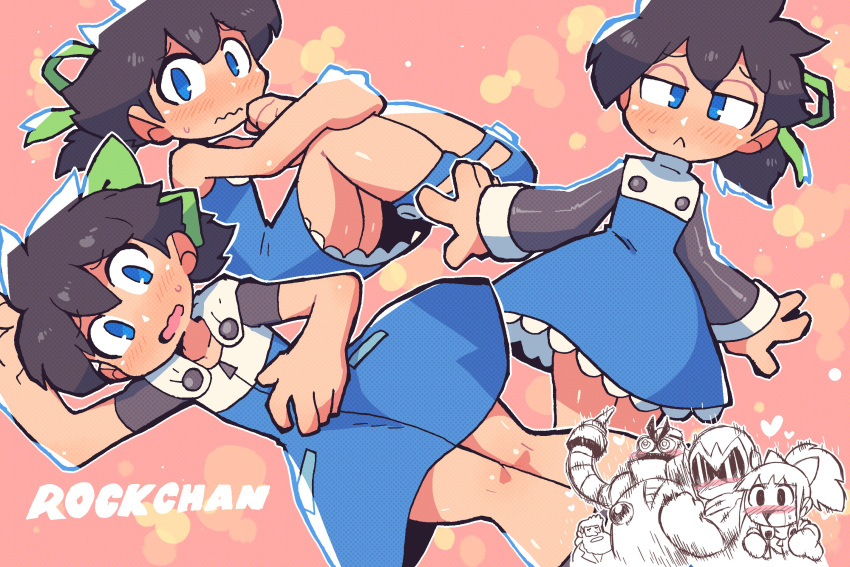 1girl, 4boys, :<, black_hair, blues_(rockman), blush, cosplay, crossdressing