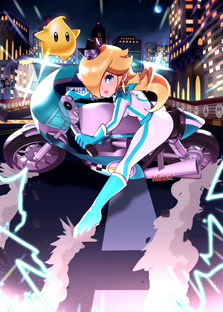 1girl, 1other, absurdres, akira, alternate_costume, blonde_hair, blue_eyes, boots, city, crown, exhaust_pipe, eyelashes, gloves, ground_vehicle, hair_over_one_eye, highres, huge_filesize, lens_flare, looking_at_viewer, luma_(mario), super_mario_bros., mario_kart, mini_crown, motor_vehicle, motorcycle, night, official_alternate_costume, parody, rosalina, sarukaiwolf, super_mario_galaxy