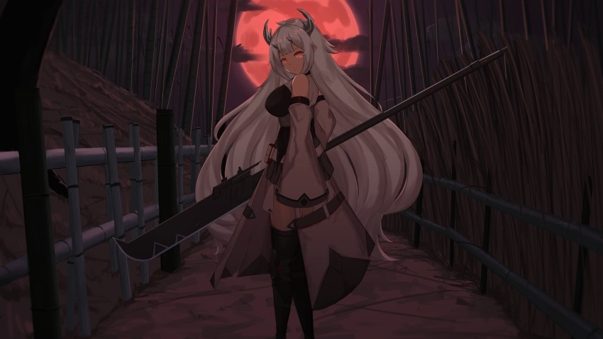 1girl, absurdres, arknights, bare_shoulders, breasts, commentary_request, detached_sleeves, expressionless
