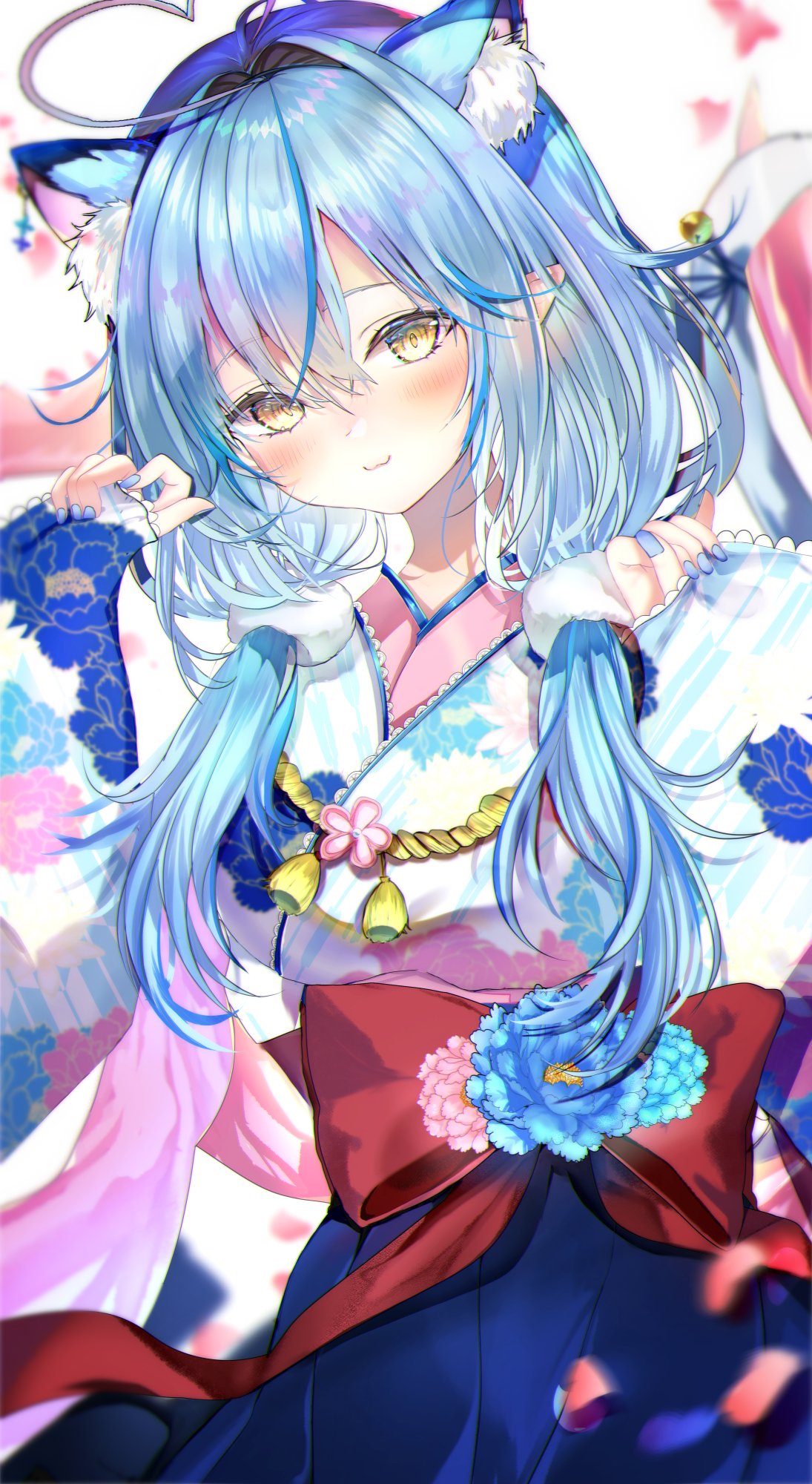 1girl, :3, ahoge, animal_ears, blue_flower, blue_hair, blue_nails, blurry
