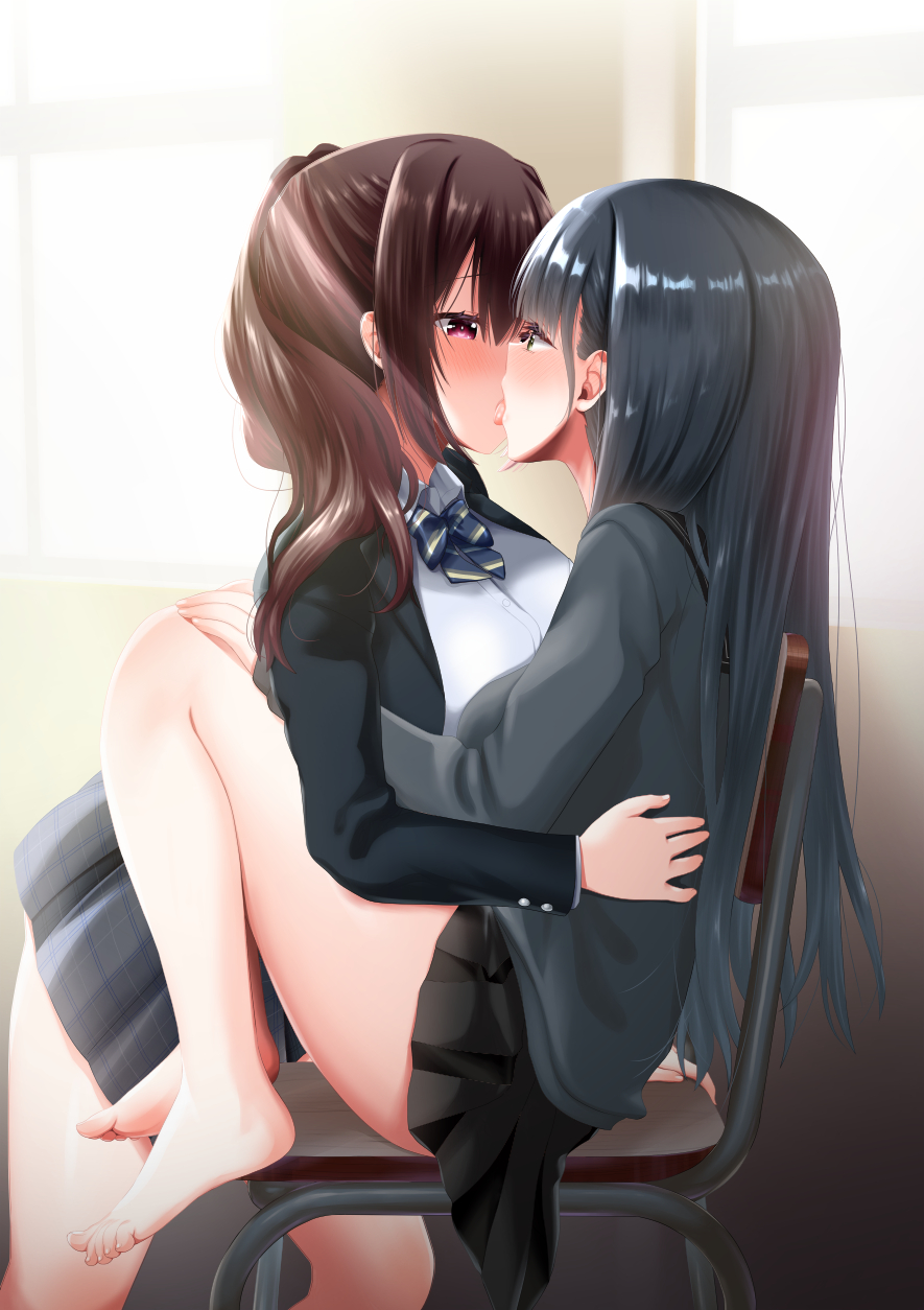 2girls, asymmetrical_docking, bare_legs, barefoot, black_hair, blazer, breast_press, brown_hair