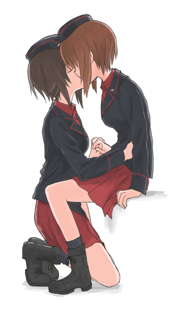 2girls, ankle_boots, bangs, black_footwear, black_headwear, black_jacket, black_legwear, boots