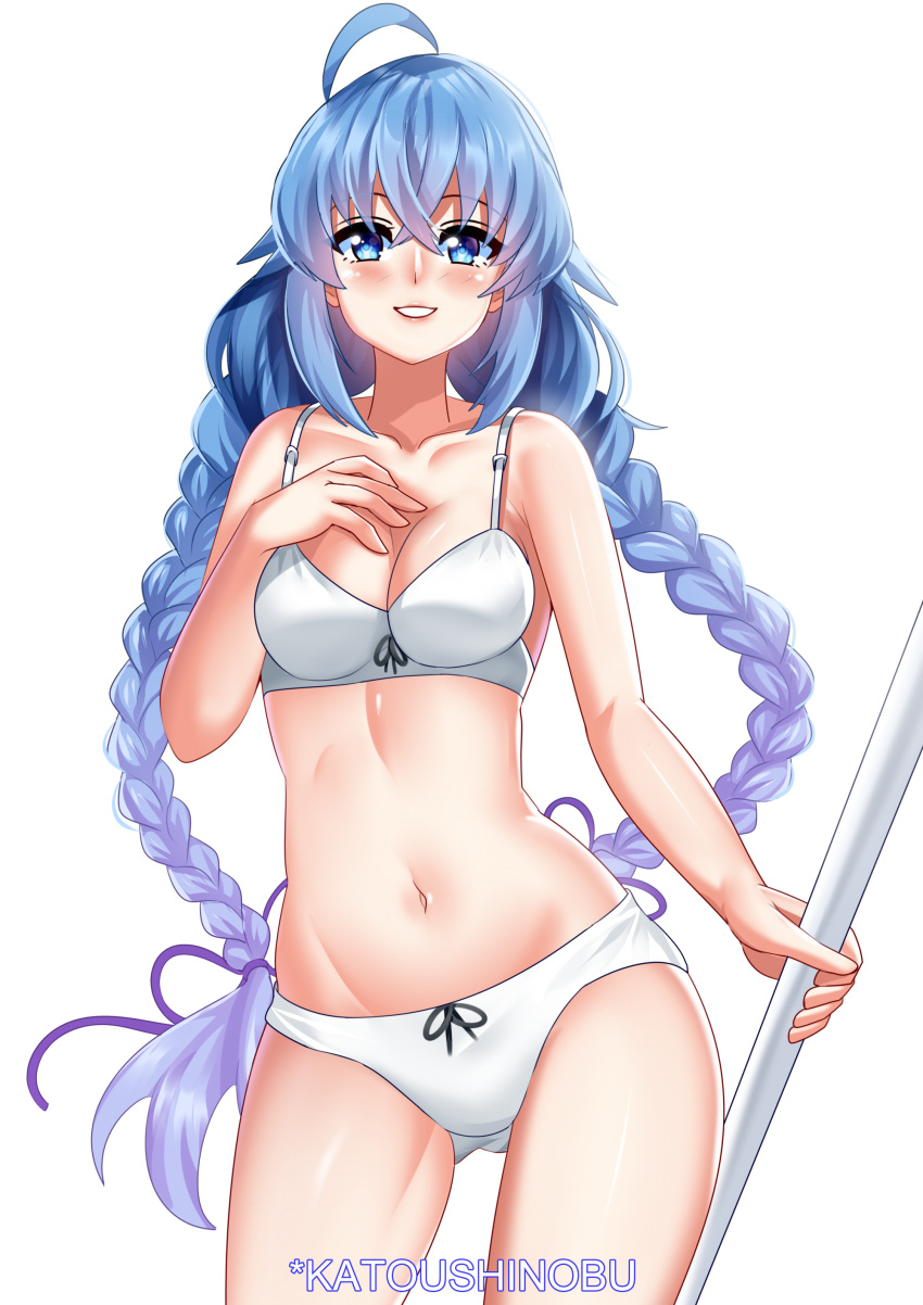 absurdres, blue_eyes, blue_hair, bow, bow_panties, braid, hair_ribbon, hand_on_own_chest