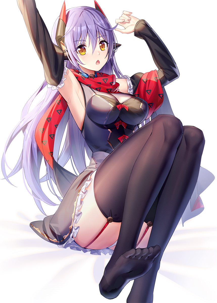1girl, arms_up, bangs, bare_shoulders, bed_sheet, black_legwear, black_shirt, black_skirt