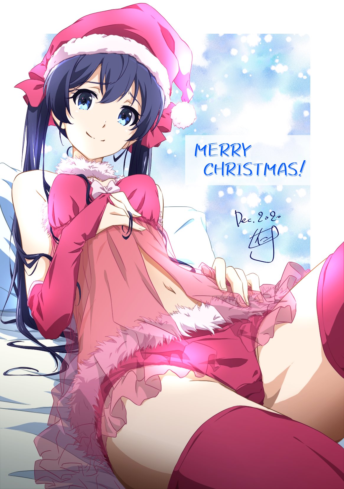 1girl, artist_name, bangs, bed_sheet, black_hair, blue_eyes, bow, bridal_gauntlets