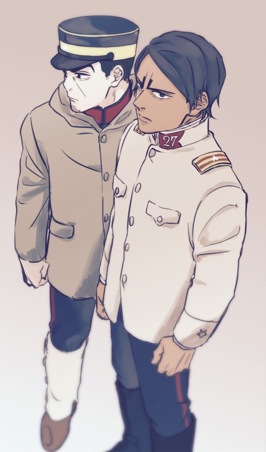 2boys, ajs6_go_(wang), bangs, beige_background, beige_jacket, black_eyes, black_footwear, black_hair, black_headwear, blue_pants, blurry, boots, brown_footwear, buttons, closed_mouth, collared_jacket, commentary_request, dark_skin, dark_skinned_male, facial_hair, full_body, gaiters, golden_kamuy, hat, highres, hood, hood_down, hooded_jacket, imperial_japanese_army, jacket, kepi, koito_otonoshin, long_sleeves, looking_at_viewer, looking_away, male_focus, military, military_hat, military_uniform, multiple_boys, pants, parted_bangs, pocket, serious, short_hair, simple_background, standing, star_(symbol), stubble, tsukishima_hajime, two-tone_headwear, uniform, white_jacket, yellow_headwear