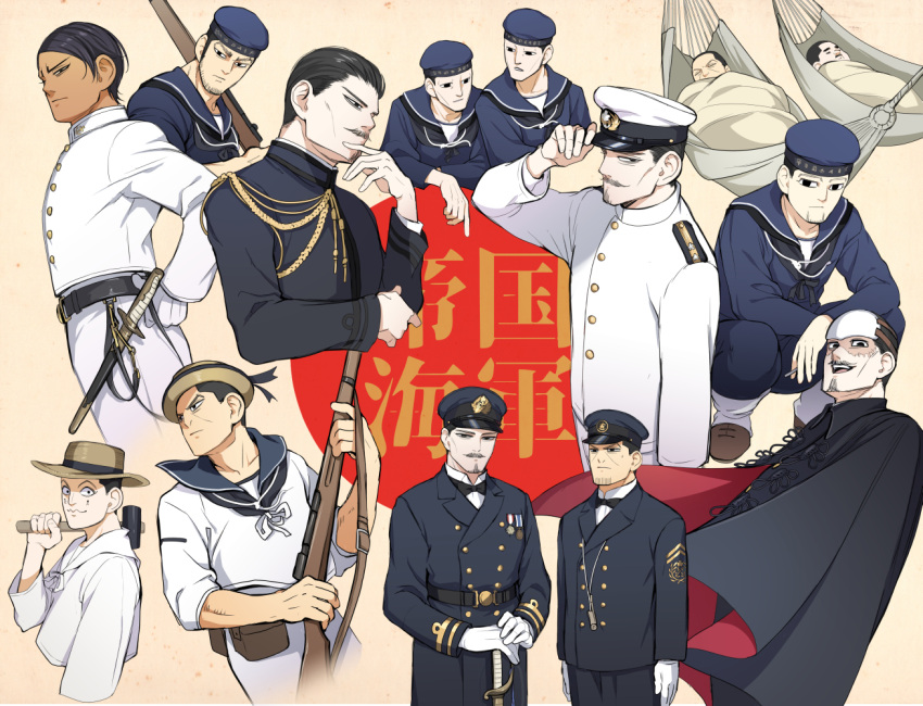 6+boys, adjusting_clothes, adjusting_headwear, age_progression, alternate_costume, alternate_headwear, alternate_uniform, arisaka