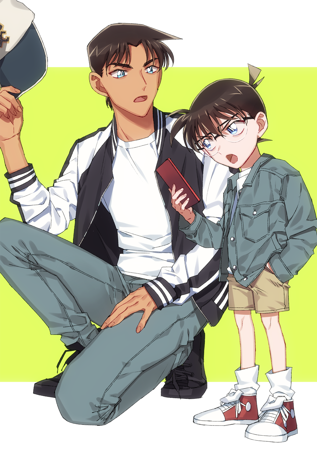 2boys, bangs, baseball_cap, black-framed_eyewear, black_footwear, blue_eyes, blue_jacket, brown_hair