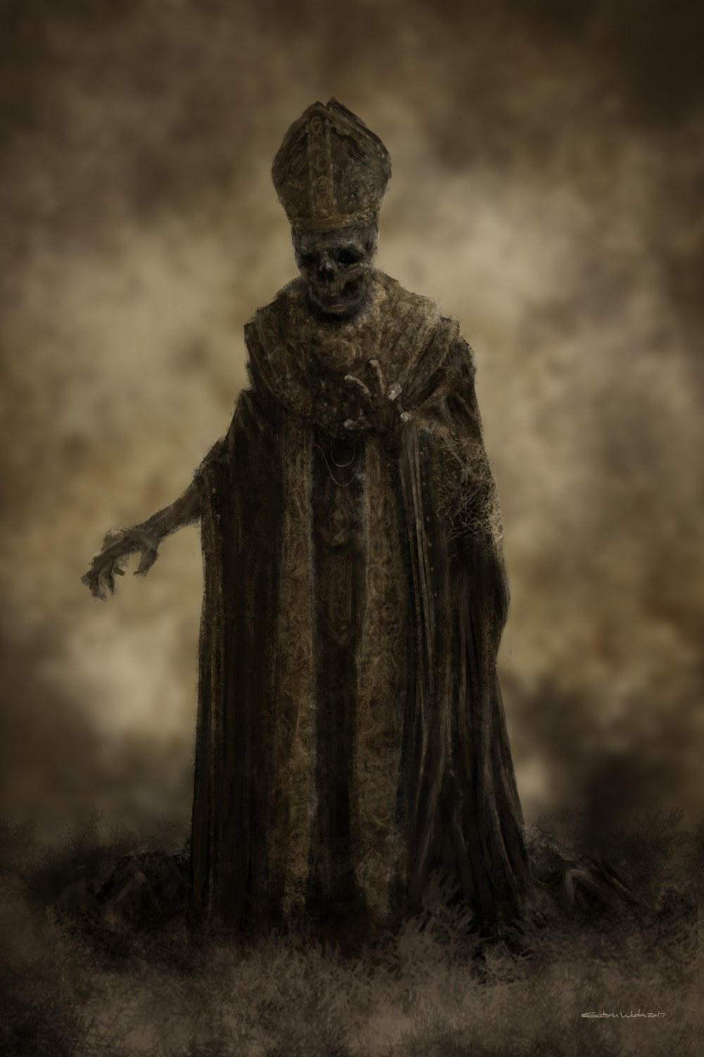 1other, brown_theme, dated, english_commentary, fantasy, hat, highres, mitre