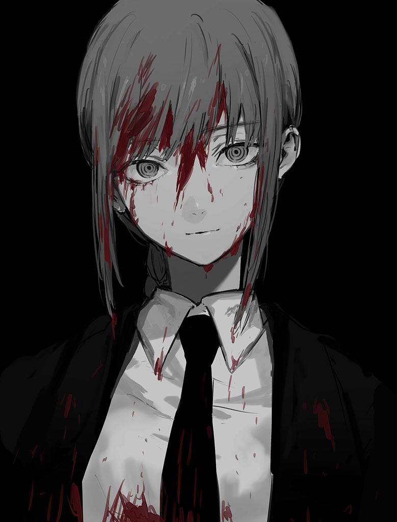 1girl, bangs, blood, blood_on_face, bloody_clothes, bloody_hair, braid, business_suit, chainsaw_man, closed_mouth, formal, greyscale, jacket, ktym_777, long_hair, makima_(chainsaw_man), monochrome, necktie, ringed_eyes, sidelocks, simple_background, single_braid, solo, spot_color, suit, upper_body