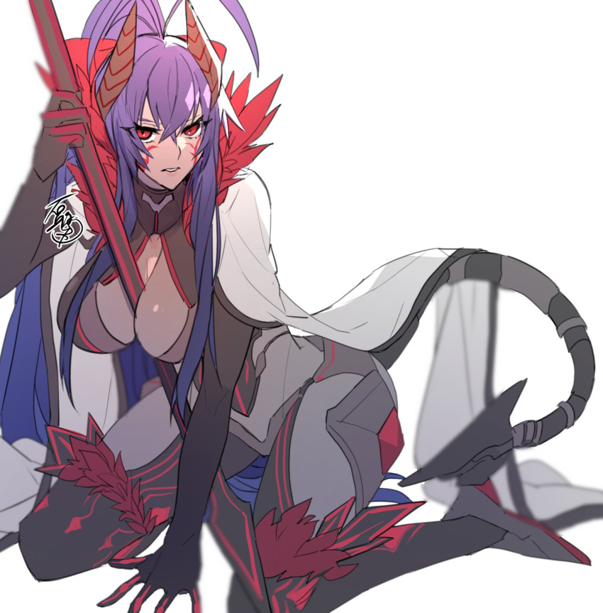 1girl, another_dark_mai, antenna_hair, backless_outfit, bare_shoulders, black_pants, blazblue, blazblue:_central_fiction, blazblue_alternative:_dark_war, blue_hair, bow, breasts, cape, colored_skin, dark_persona, gloves, grey_skin, hair_between_eyes, hair_bow, halter_top, halterneck, highres, holding, holding_spear, holding_weapon, horns, large_breasts, long_hair, looking_at_viewer, lowleg, lowleg_pants, mai_natsume, outseal, pants, polearm, ponytail, red_bow, red_eyes, revealing_clothes, ribbon, roas01b, sideboob, sidelocks, solo, spear, tail, very_long_hair, weapon, white_cape