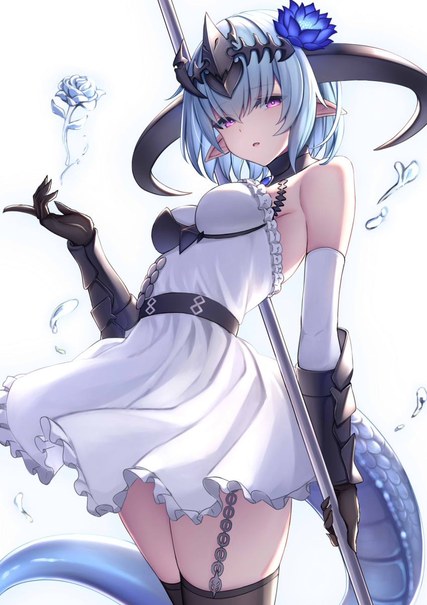 1girl, bangs, black_horns, blue_hair, breasts, commentary_request, dragon_girl, dragon_horns