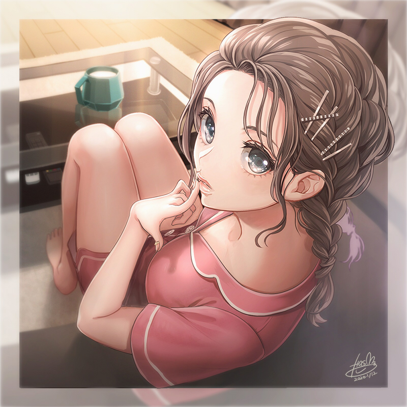1girl, bare_legs, barefoot, black_eyes, border, braid, breasts, brown_hair