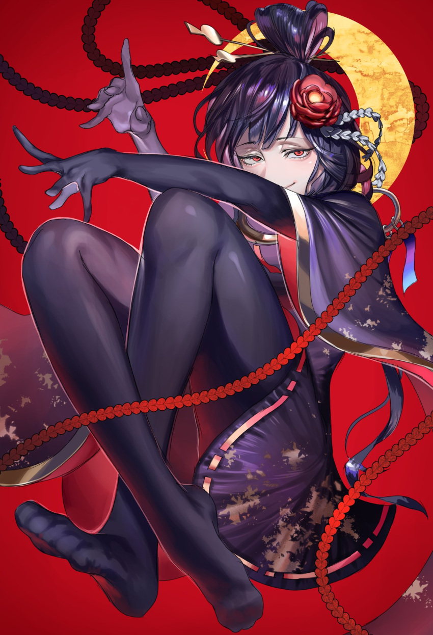 1girl, black_gloves, black_hair, black_legwear, bodystocking, commentary, crossed_ankles, english_commentary