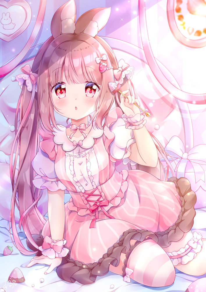 1girl, animal_ear_fluff, animal_ears, apollo_chocolate, arm_support, bangs, blunt_bangs, blush