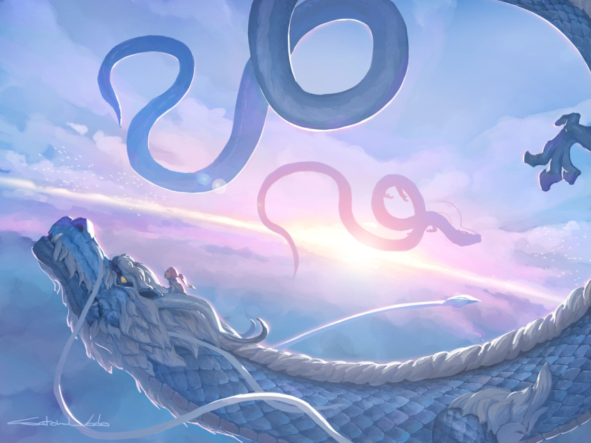1other, androgynous, bird, blonde_hair, blue_shirt, blue_sky, claws, closed_mouth, clouds, dragon, dragon_riding, eastern_dragon, english_commentary, fantasy, flying, full_body, horns, long_hair, morning, original, ponytail, satoru_wada, scales, shirt, signature, sky, sun