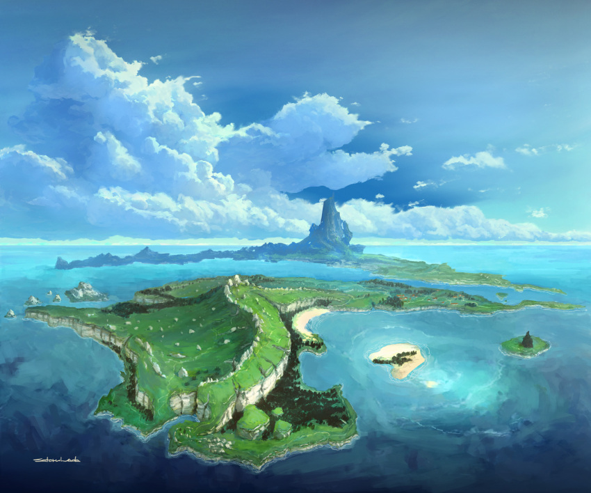 beach, blue_sky, building, cliff, clouds, day, english_commentary, fantasy, from_above, grass, highres, island, mountain, no_humans, ocean, original, rock, sand, satoru_wada, scenery, signature, sky, town, tree, water