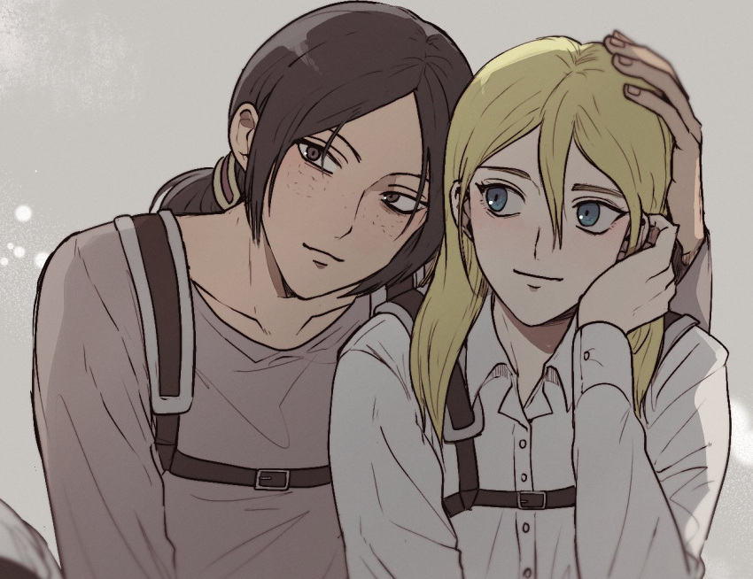 2girls, blonde_hair, blue_eyes, brown_eyes, brown_hair, chest_harness, christa_renz, collared_shirt