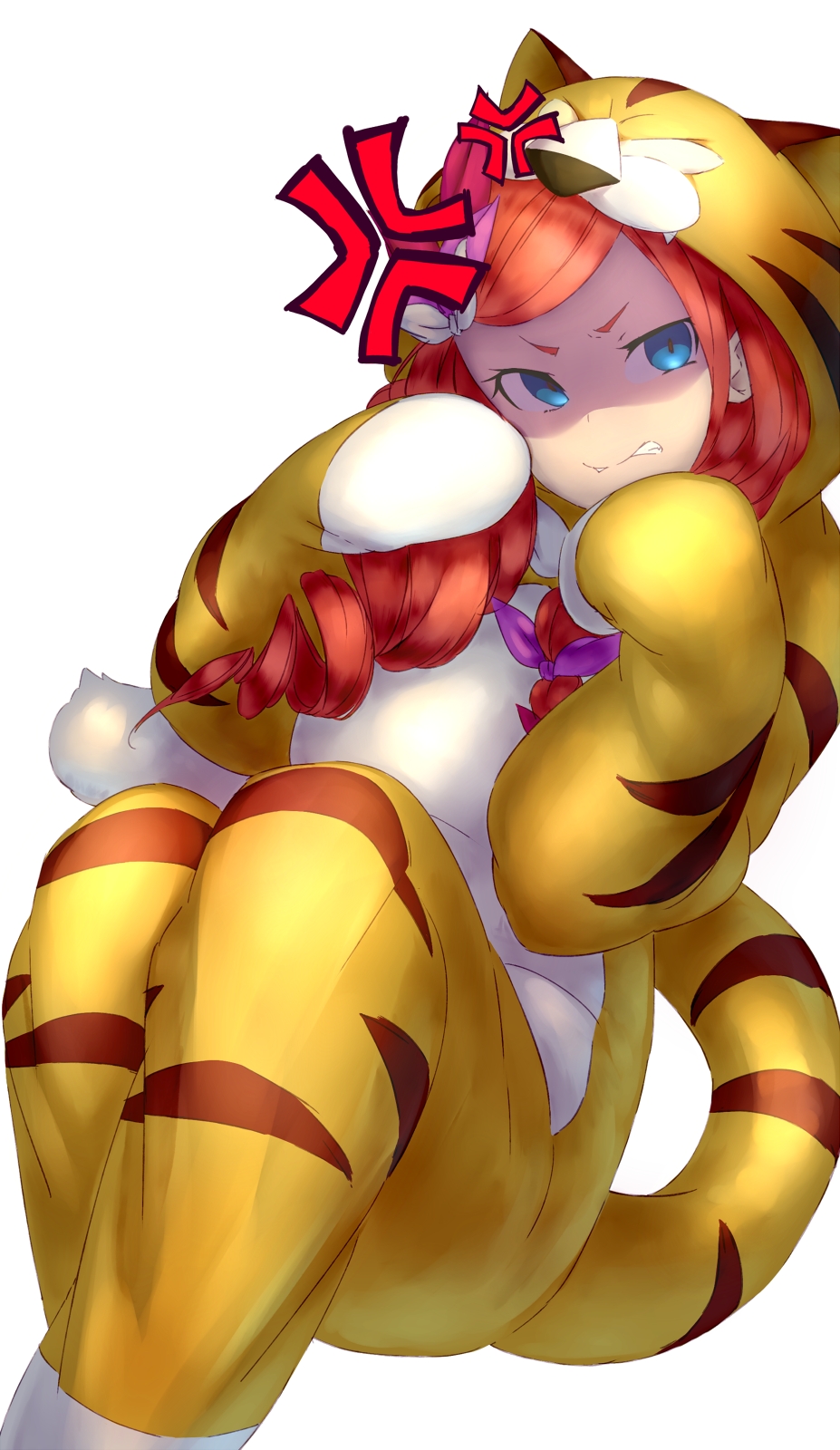 1girl, anger_vein, angry, animal_costume, animal_hood, animal_print, anna_fugo, annoyed