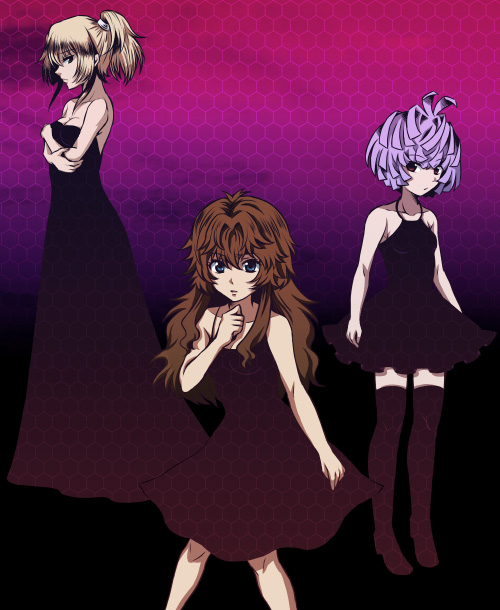 antenna_hair, arm_grab, bare_shoulders, black_legwear, blonde_hair, blue_eyes, bob_cut, breast_hold