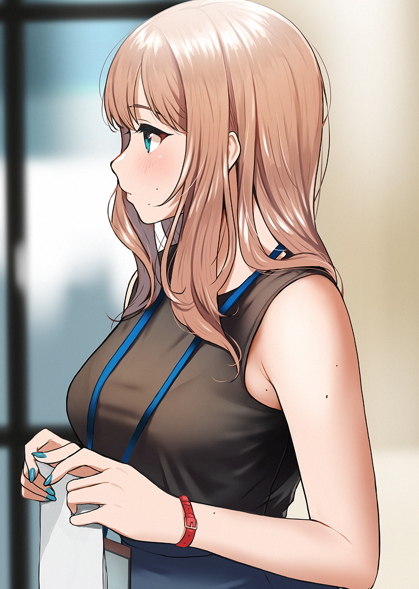 1girl, bangs, bare_shoulders, blue_eyes, blue_nails, blurry, blurry_background, bralines