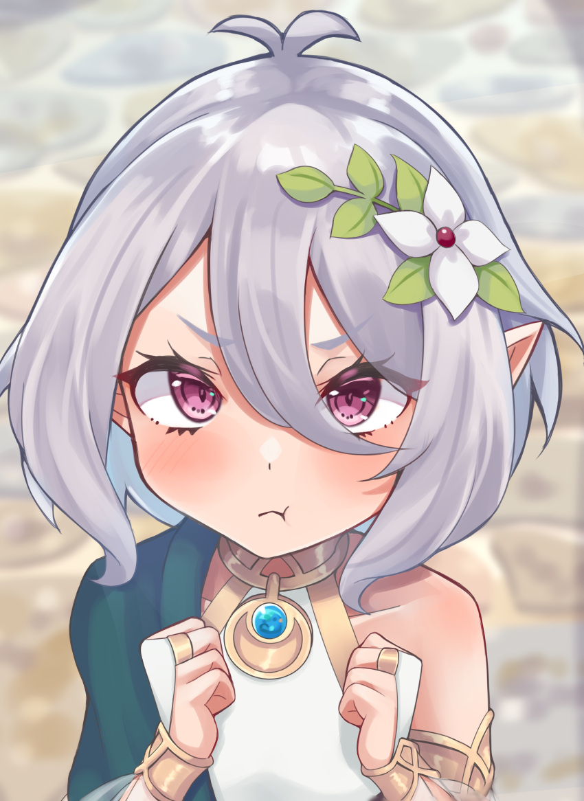 1girl, :t, absurdres, antenna_hair, blurry, blurry_background, blush, clenched_hands