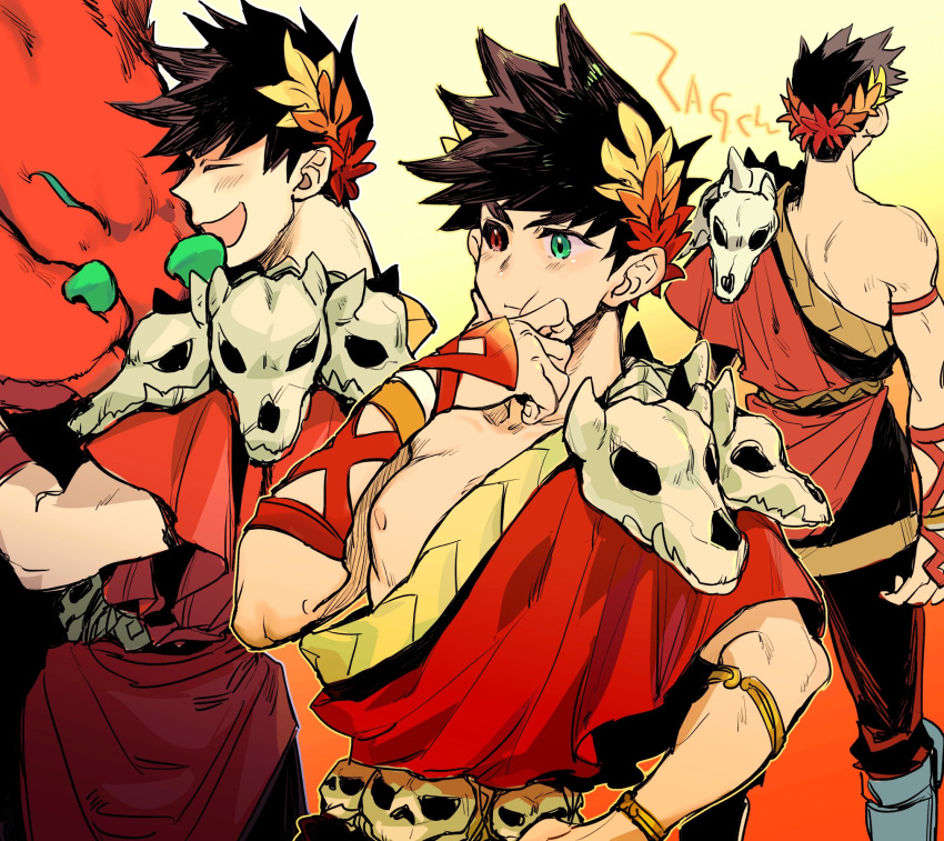 1boy, :d, bangs, black_hair, black_pants, black_sclera, blush, cerberus_(hades)
