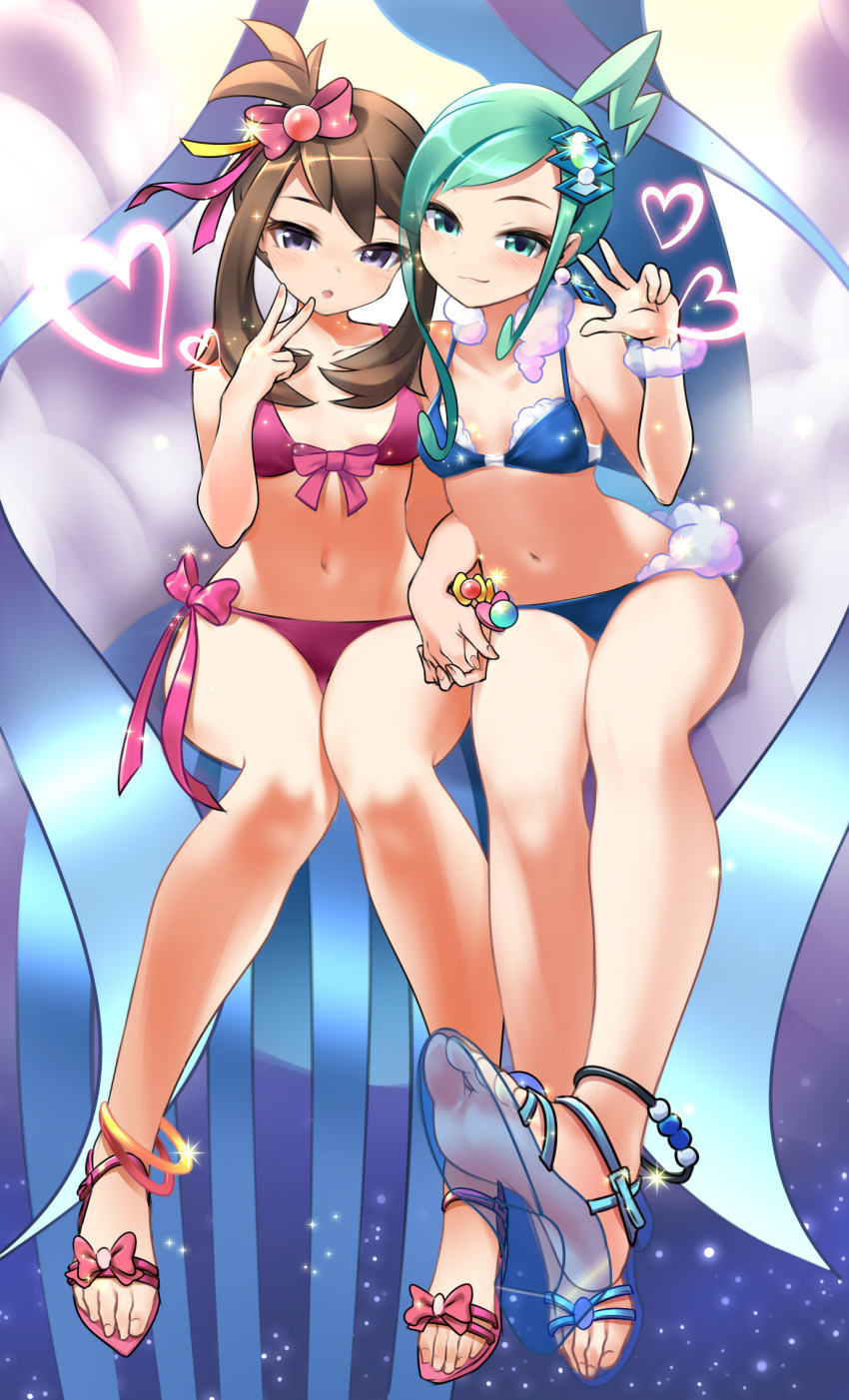 2girls, :o, anklet, aqua_eyes, aqua_hair, asymmetrical_hair, bangs, bare_shoulders